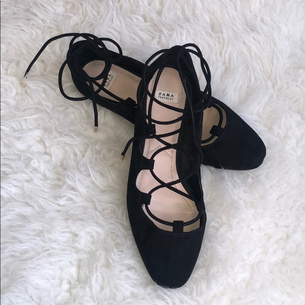 Zara Trafaluc Black Suede Lace Up Ballet Flats